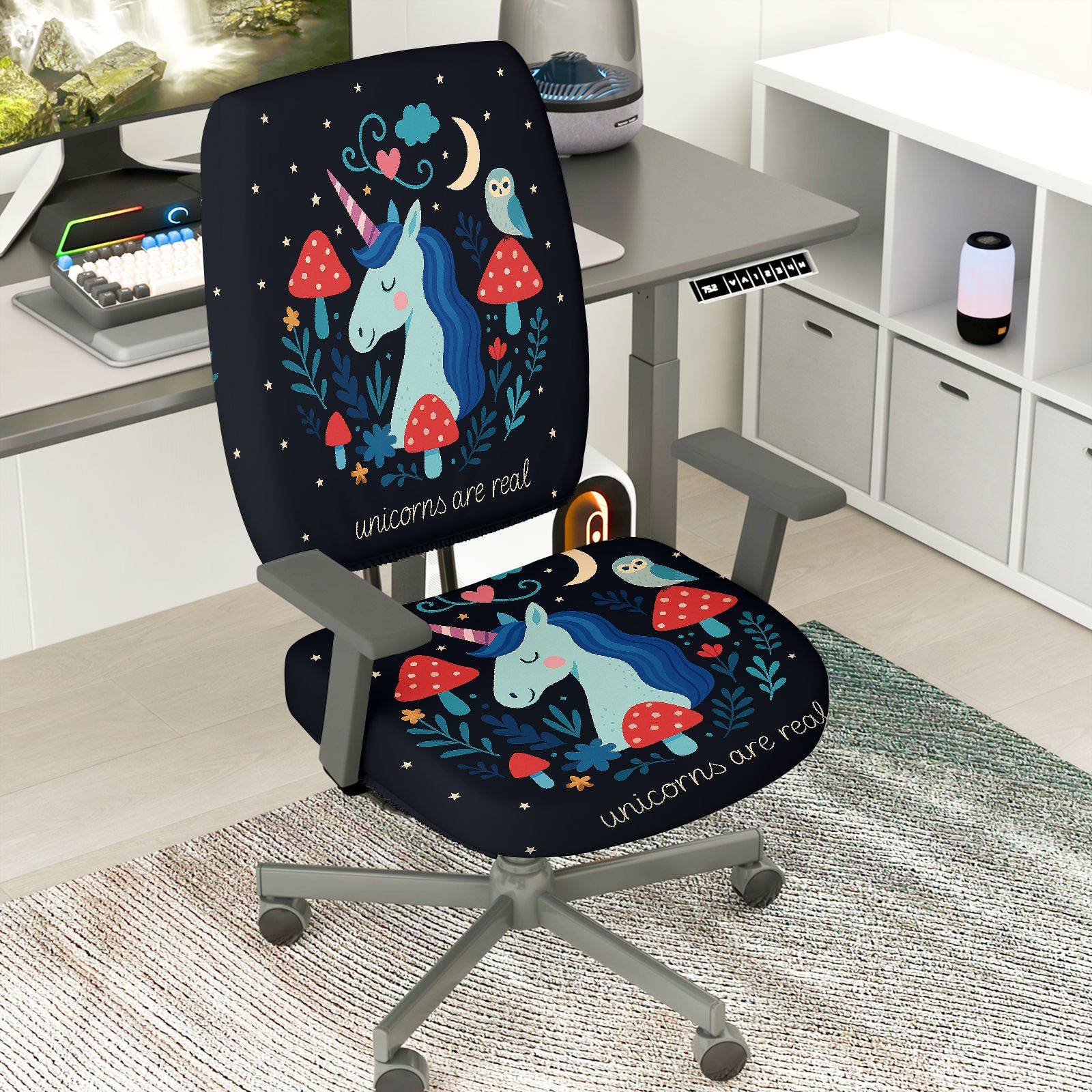 2-Piece Unicorn Fantasy Cute Decorative Colorful  Computer Chair Cover Set, Seat and Backrest