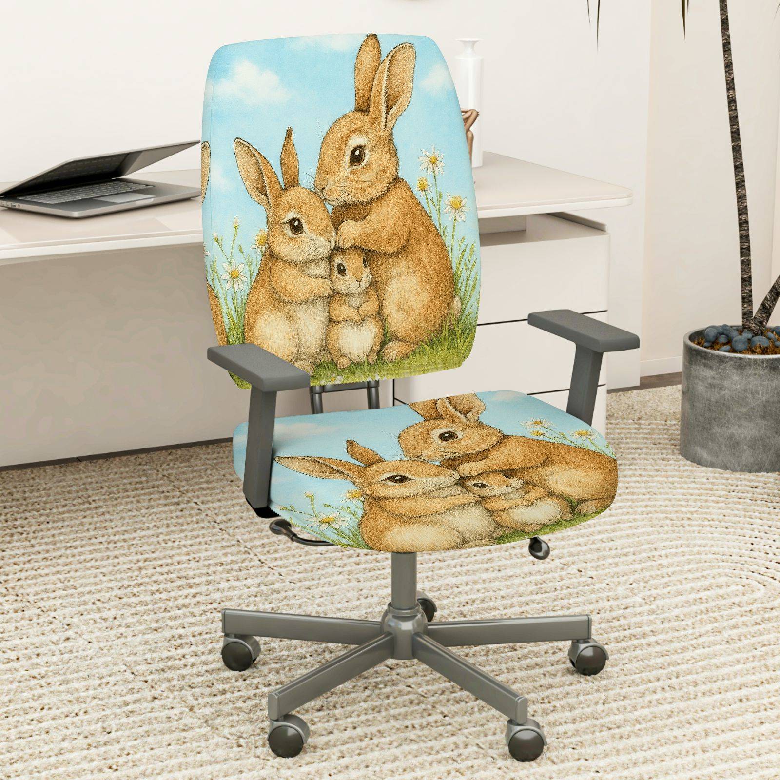 2-Piece Cute Rabbit Family Spring Pastoral Nature Art  Computer Chair Cover Set, Seat and Backrest