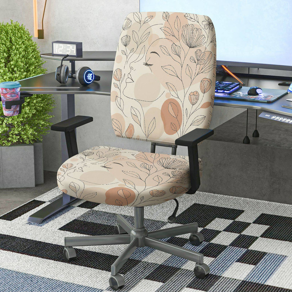 2-Piece Abstract Face Line Art Botanical Floral Modern  Computer Chair Cover Set, Seat and Backrest