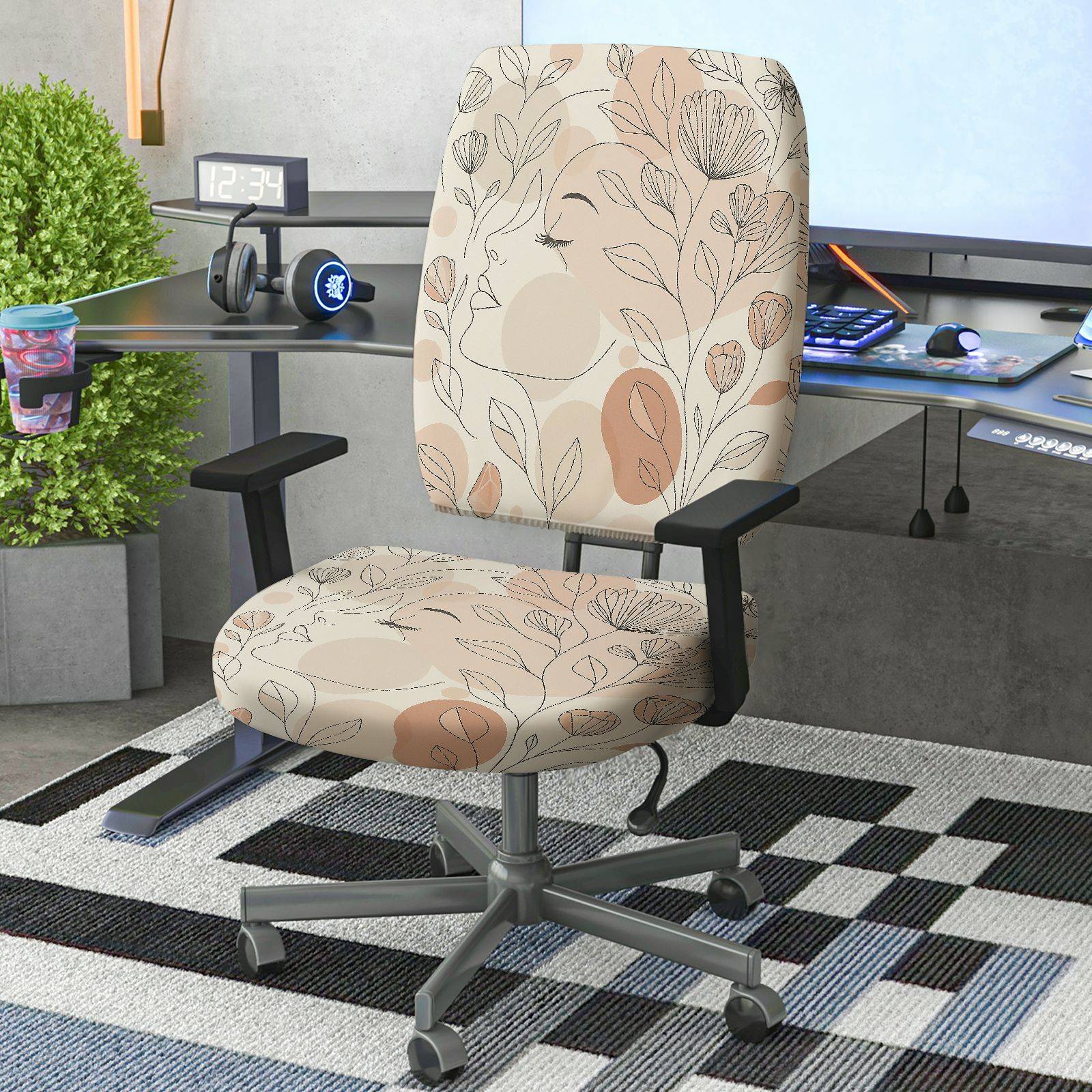 2-Piece Abstract Face Line Art Botanical Floral Modern  Computer Chair Cover Set, Seat and Backrest