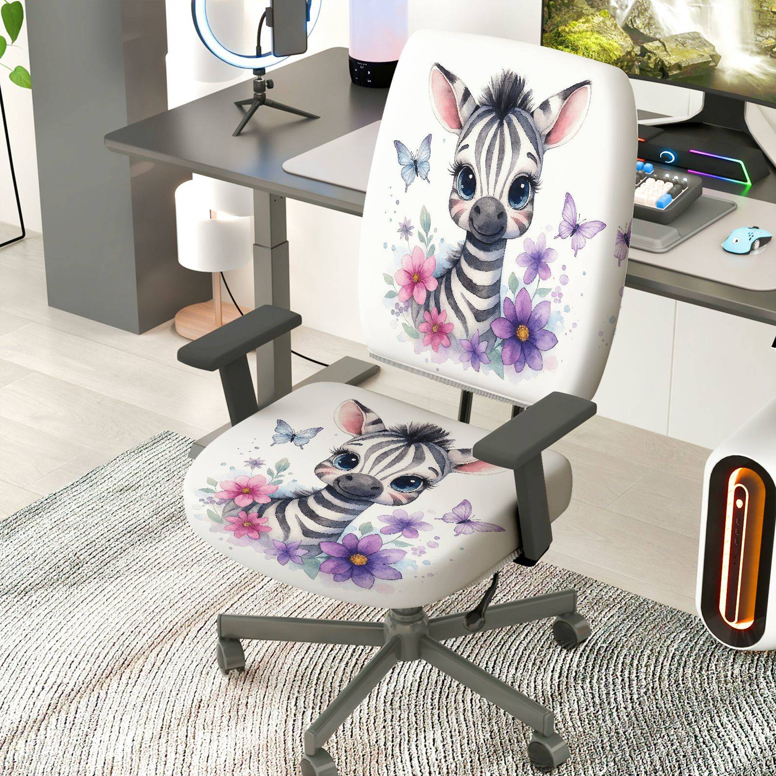 2-Piece Zebra Flower Butterfly Cute  Computer Chair Cover Set, Seat and Backrest