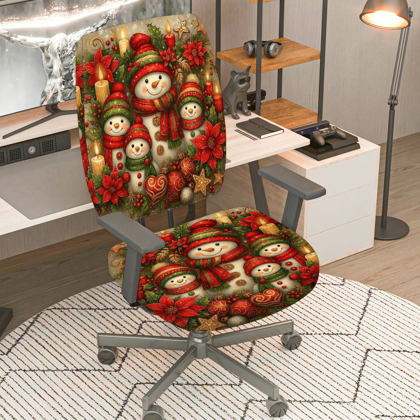 2-Piece Christmas Snowman Poinsettia Holiday Winter  Computer Chair Cover Set, Seat and Backrest