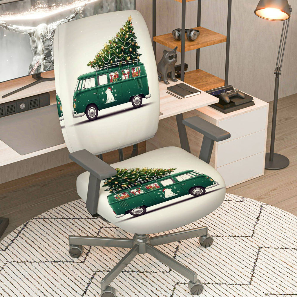 2-Piece Christmas Holiday Vintage Car Tree Dog Snow  Computer Chair Cover Set, Seat and Backrest