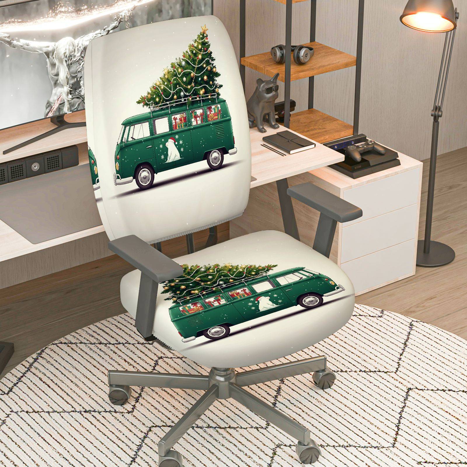 2-Piece Christmas Holiday Vintage Car Tree Dog Snow  Computer Chair Cover Set, Seat and Backrest