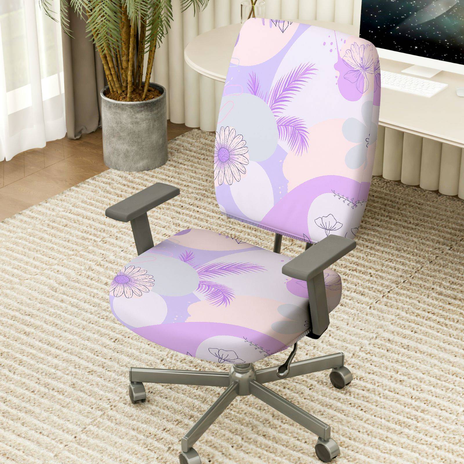 2-Piece Pastel Floral Leaves Abstract Geometry  Computer Chair Cover Set, Seat and Backrest