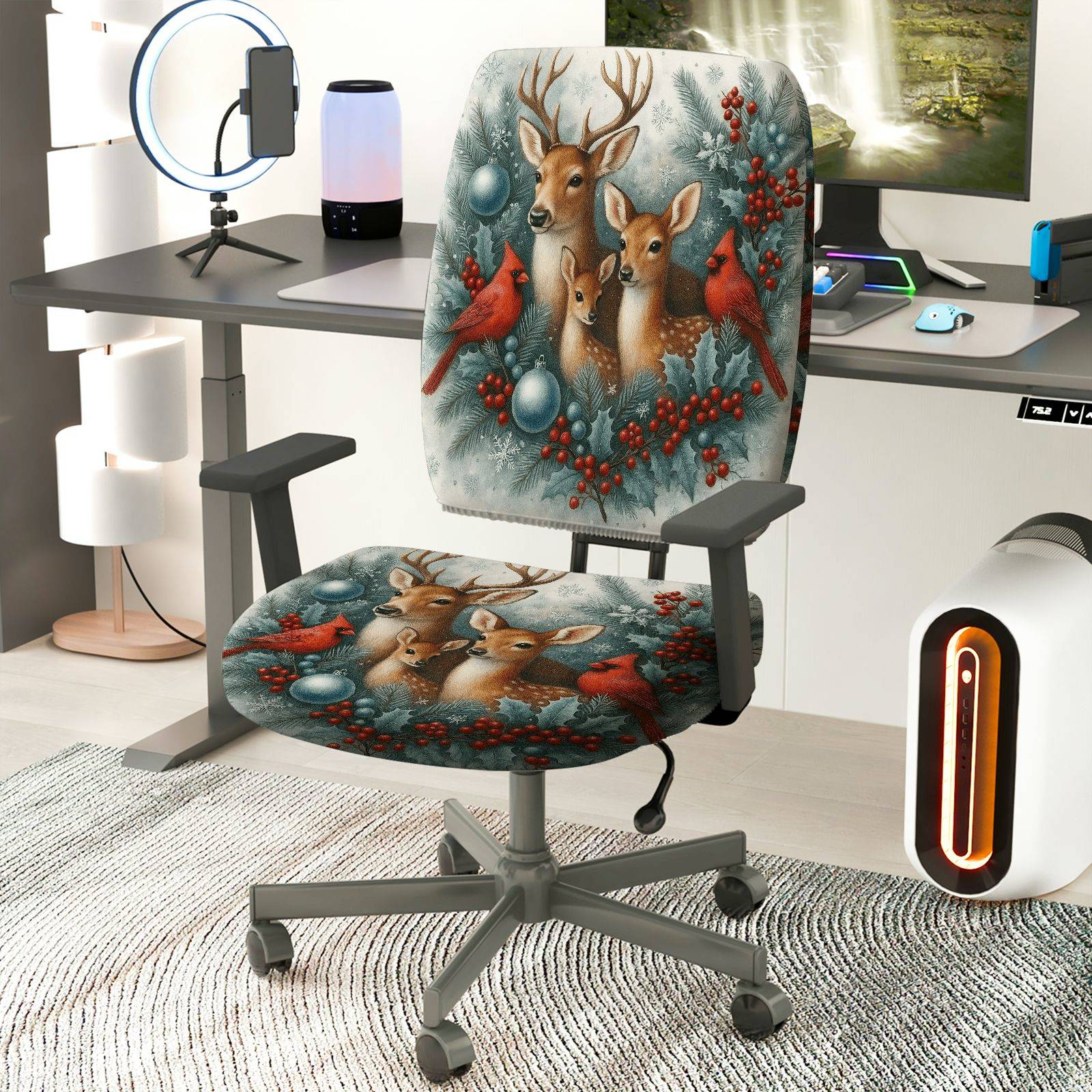 2-Piece Christmas Deer Cardinal Berry Snow Decor  Computer Chair Cover Set, Seat and Backrest