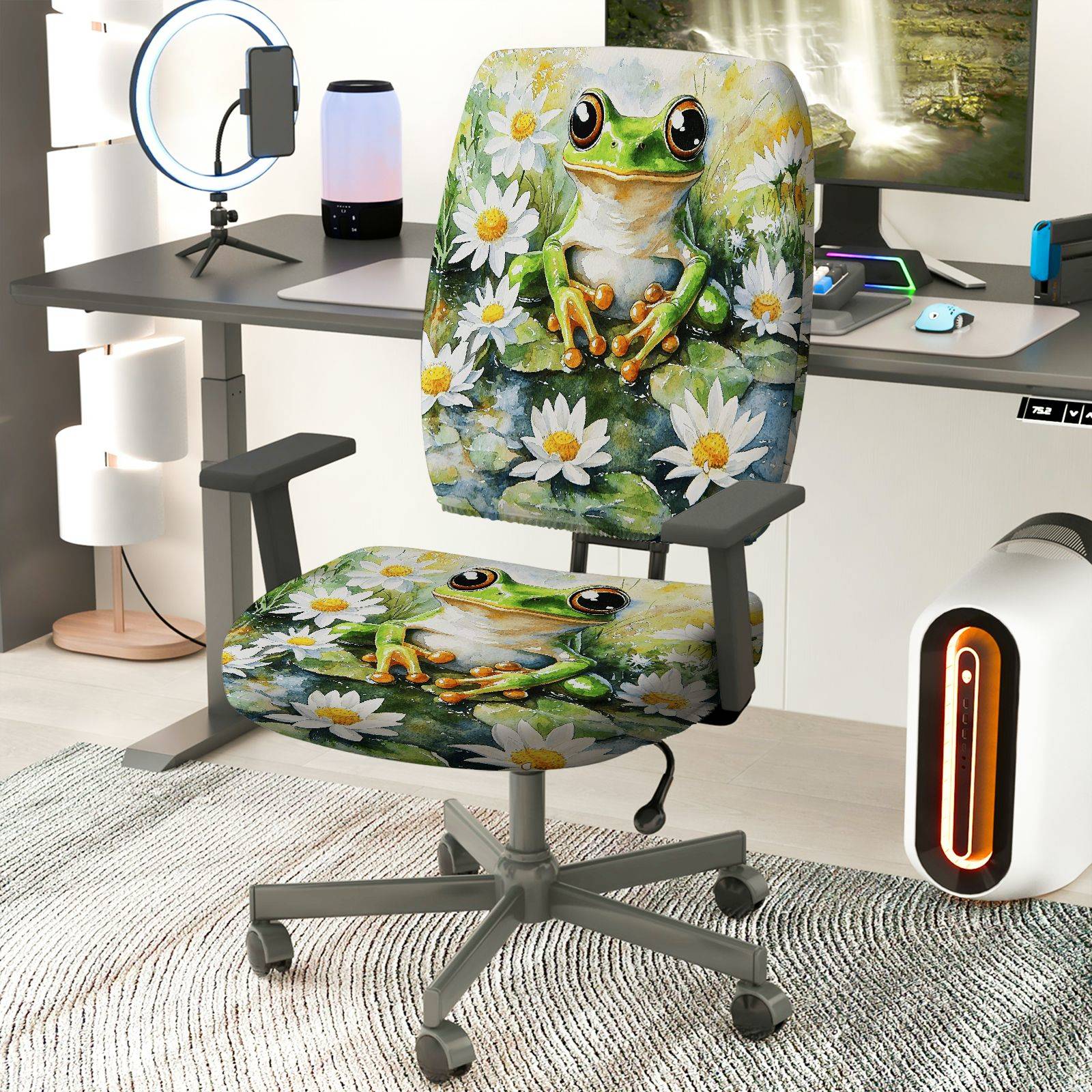 2-Piece Cute Frog Flower Nature Art Green  Computer Chair Cover Set, Seat and Backrest