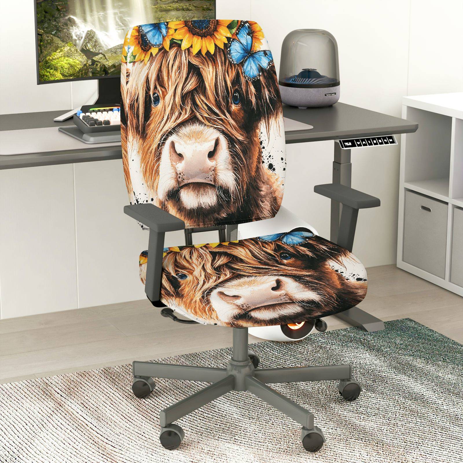 2-Piece Cow Sunflower Butterfly Nature Animal Head  Computer Chair Cover Set, Seat and Backrest