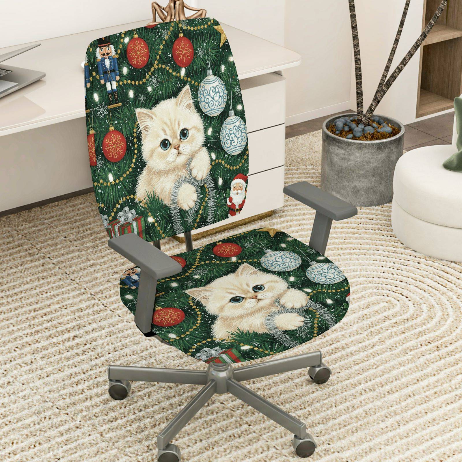 2-Piece Christmas Cute Cat Festive Ornament Santa Holiday  Computer Chair Cover Set, Seat and Backrest