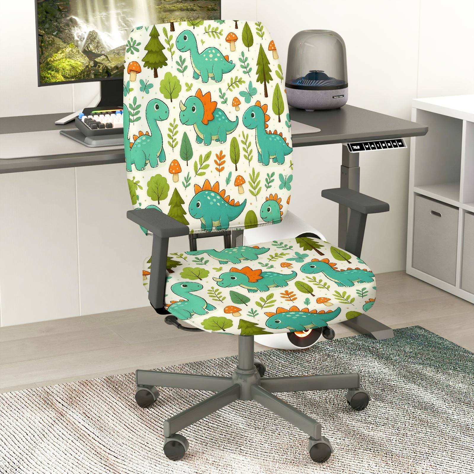 2-Piece Dinosaur Forest Green Cute  Computer Chair Cover Set, Seat and Backrest