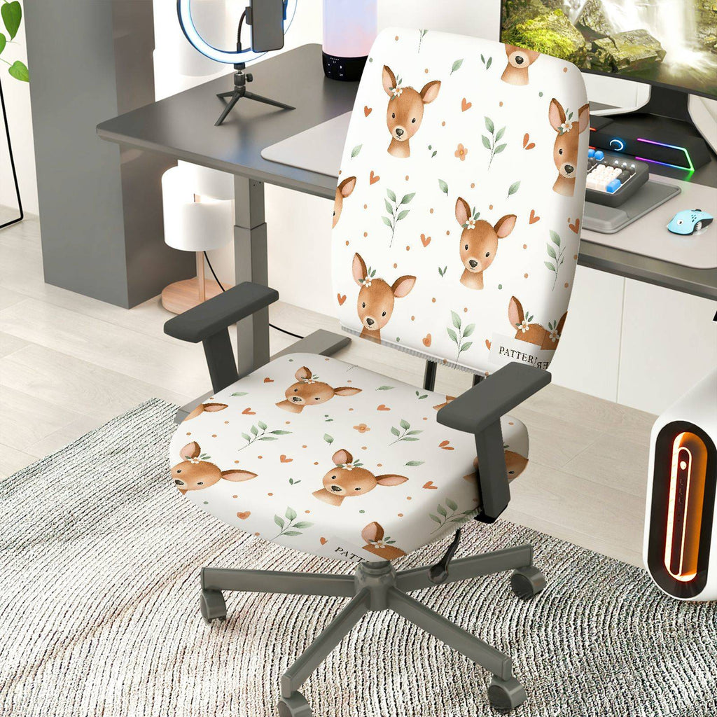 2-Piece Cute Deer Pattern Printed Heart Floral  Computer Chair Cover Set, Seat and Backrest