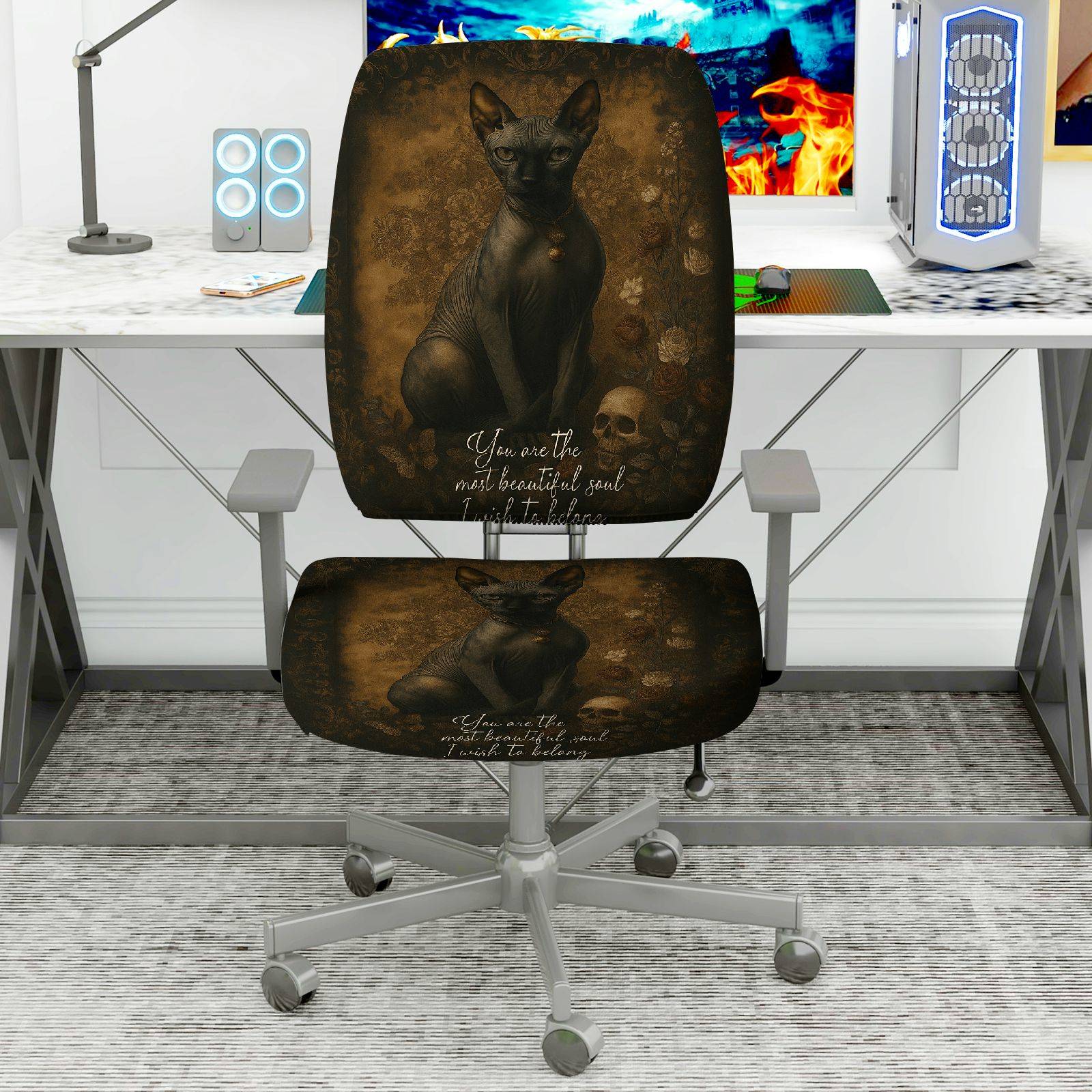 2-Piece Mysterious Gothic Skull Dog Inspiring Words Artistic  Computer Chair Cover Set, Seat and Backrest