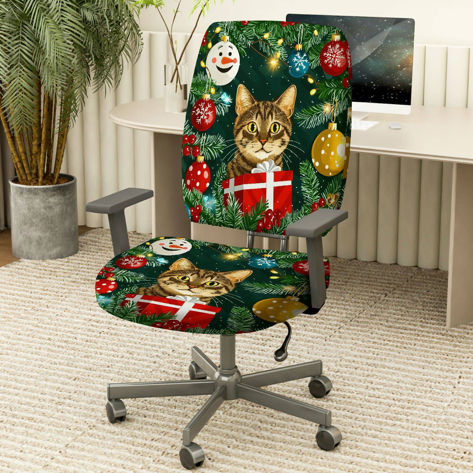 2-Piece Christmas Cat Gift Ornament Tree Festive  Computer Chair Cover Set, Seat and Backrest