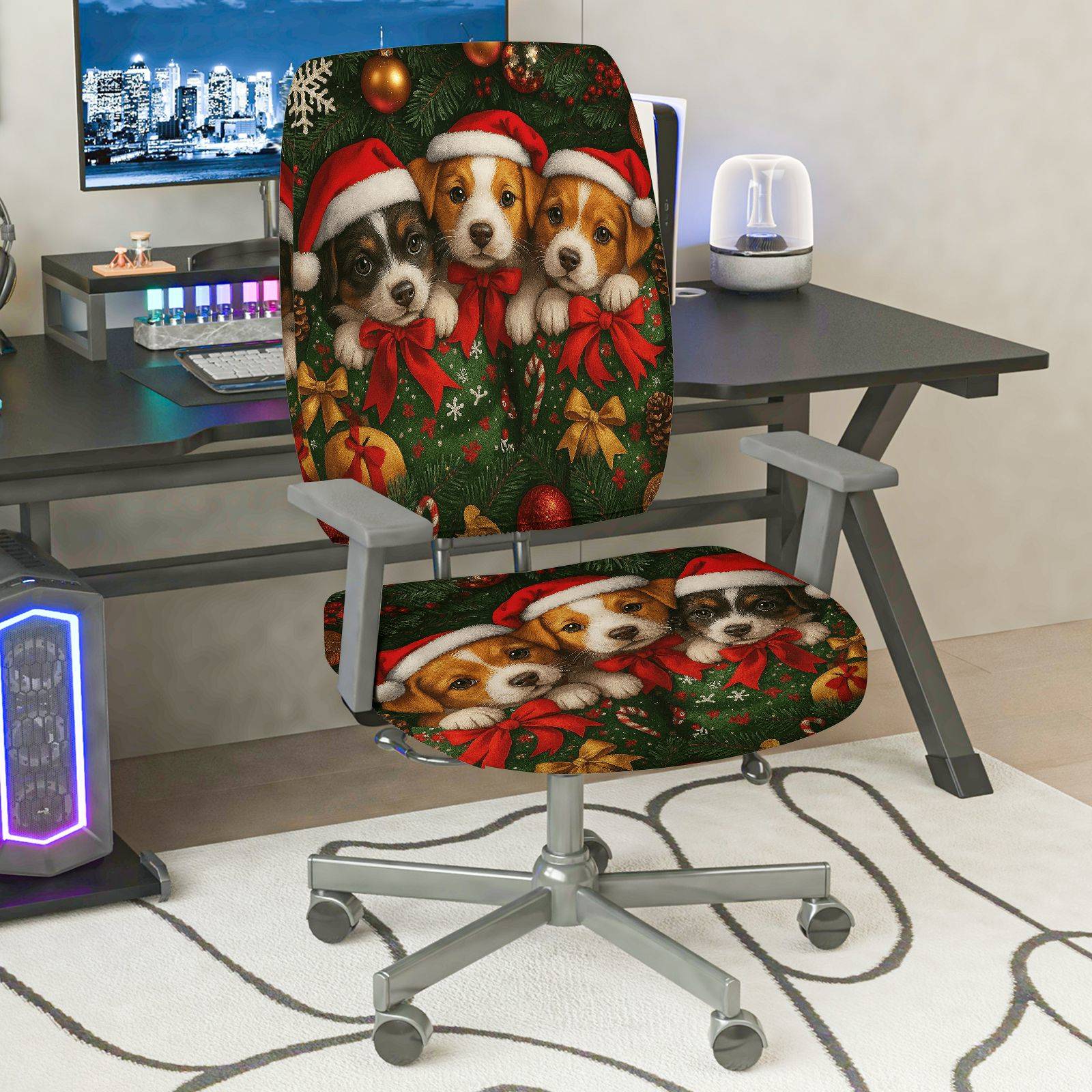 2-Piece Christmas Dog Santa Hat Festive Decoration Holiday  Computer Chair Cover Set, Seat and Backrest