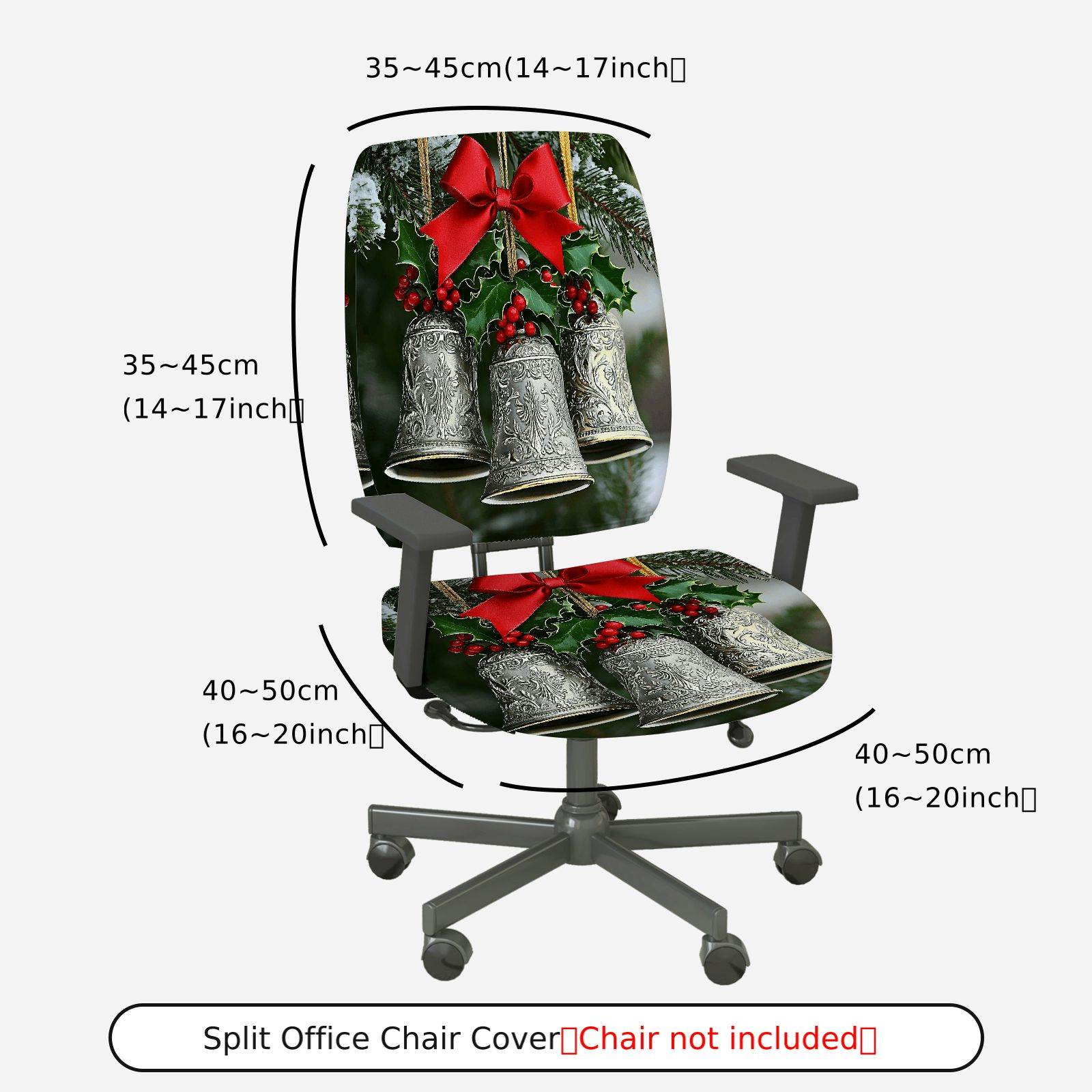 2-Piece Christmas Bell Holly Red Bow Holiday  Computer Chair Cover Set, Seat and Backrest