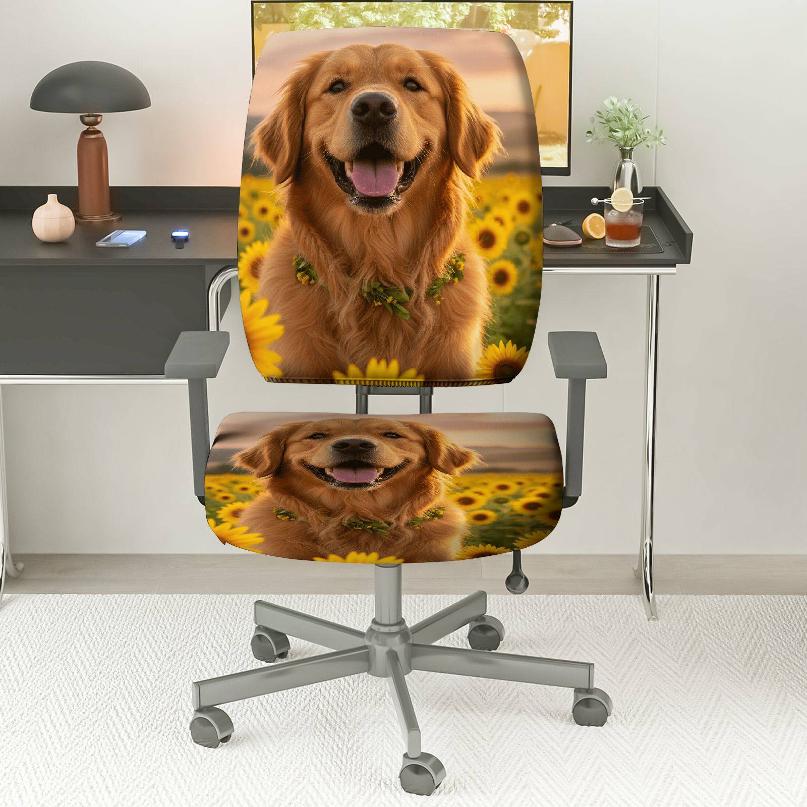 2-Piece Dog Sunflower Nature Joyful Happy  Computer Chair Cover Set, Seat and Backrest