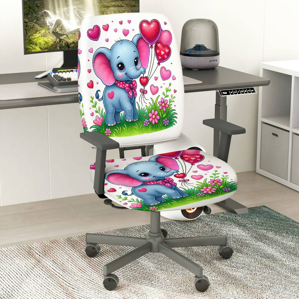 2-Piece Cute Elephant Heart Balloon Flower Grass  Computer Chair Cover Set, Seat and Backrest