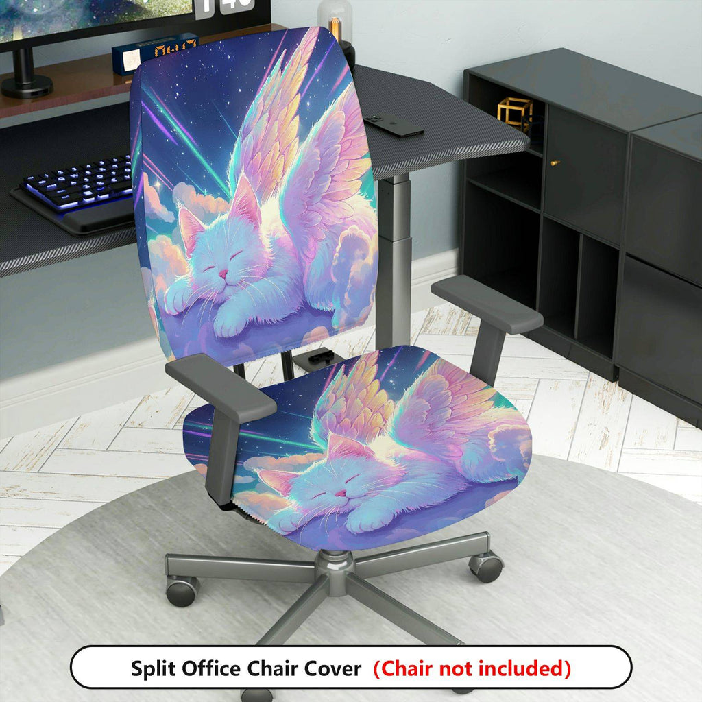 2-Piece Sky Cat Angel Wings Fantasy  Computer Chair Cover Set, Seat and Backrest
