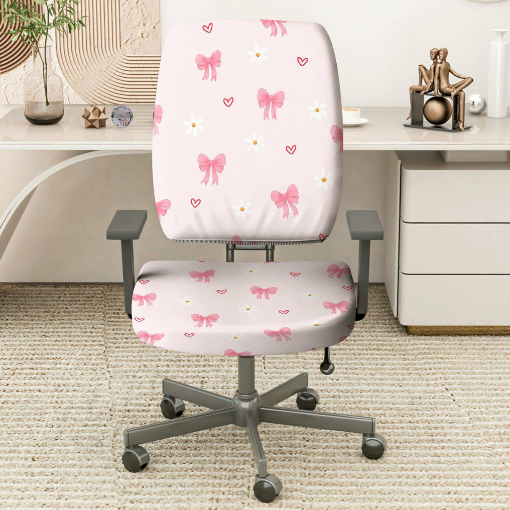 2-Piece Pink Bowknot Daisy Heart Cute  Computer Chair Cover Set, Seat and Backrest
