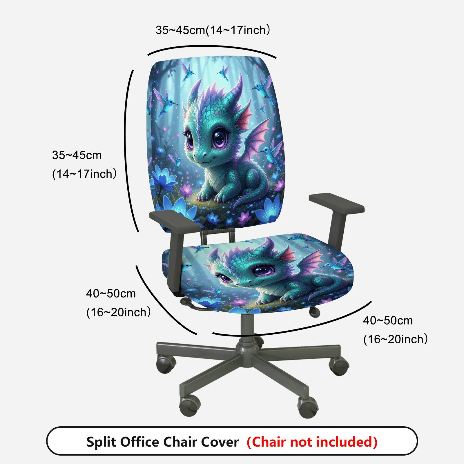 2-Piece Cute Dragon Fantasy Blue Flowers Fairies Magic  Computer Chair Cover Set, Seat and Backrest