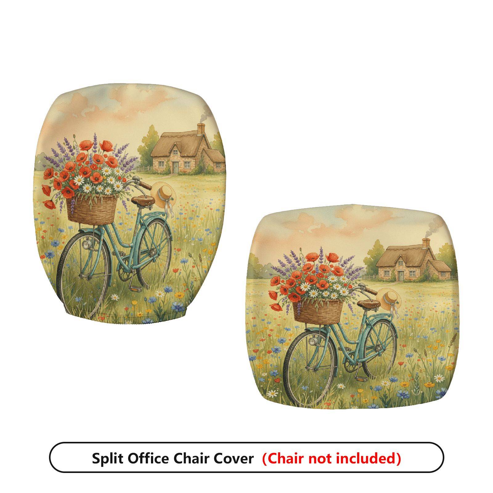 2-Piece Vintage Bicycle Flowers Landscape Country House  Computer Chair Cover Set, Seat and Backrest