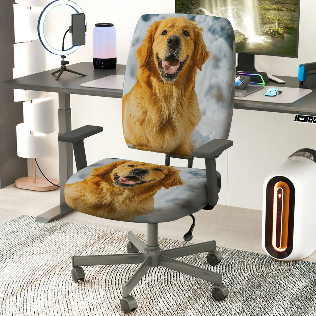 2-Piece Cute Dog Winter Snow Fun Joyful  Computer Chair Cover Set, Seat and Backrest