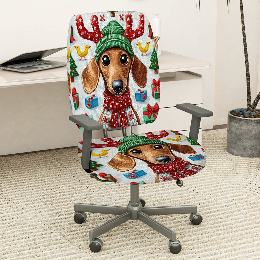2-Piece Christmas Reindeer Dog Green Hat Festive Gift  Computer Chair Cover Set, Seat and Backrest