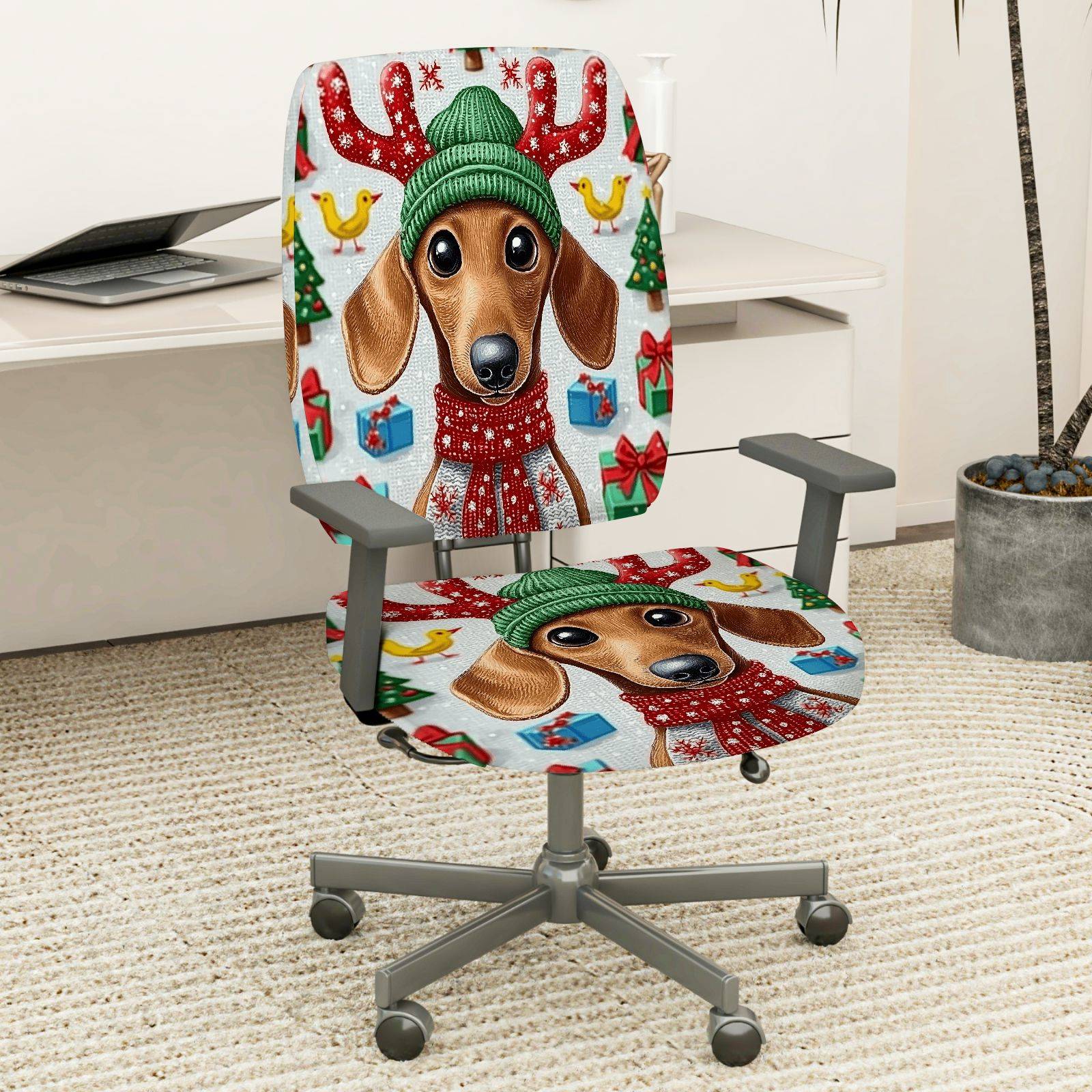 2-Piece Christmas Reindeer Dog Green Hat Festive Gift  Computer Chair Cover Set, Seat and Backrest