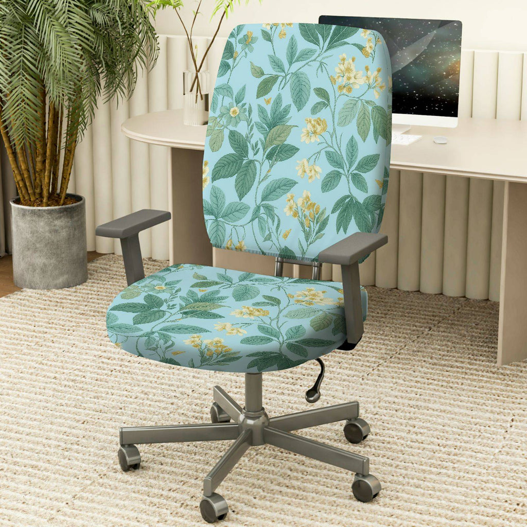 2-Piece Floral Green Yellow Botanical Pattern  Computer Chair Cover Set, Seat and Backrest
