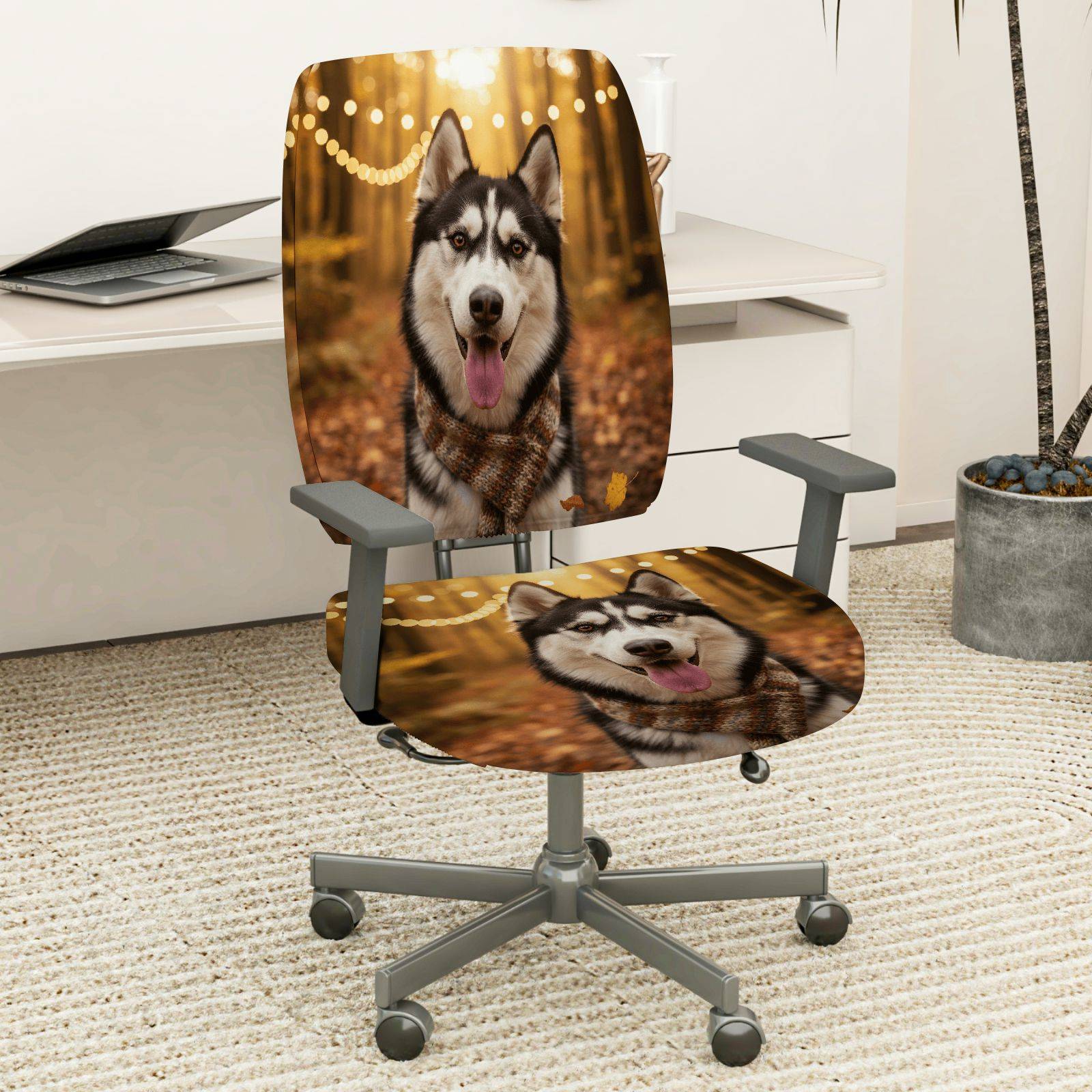 2-Piece Husky Dog Pattern Festive Living Room Decoration  Computer Chair Cover Set, Seat and Backrest