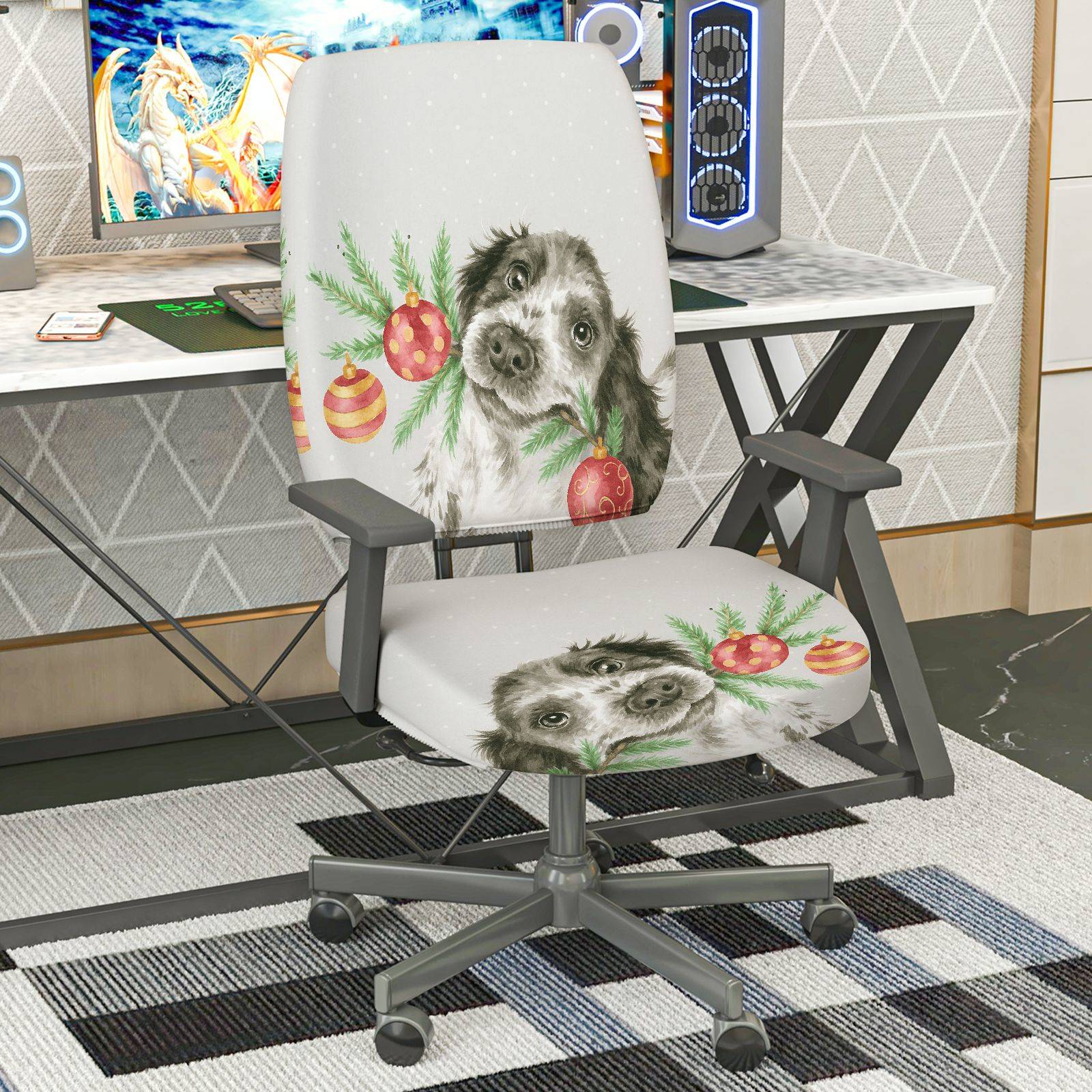 2-Piece Dog Christmas Holiday Festive Decorative  Computer Chair Cover Set, Seat and Backrest