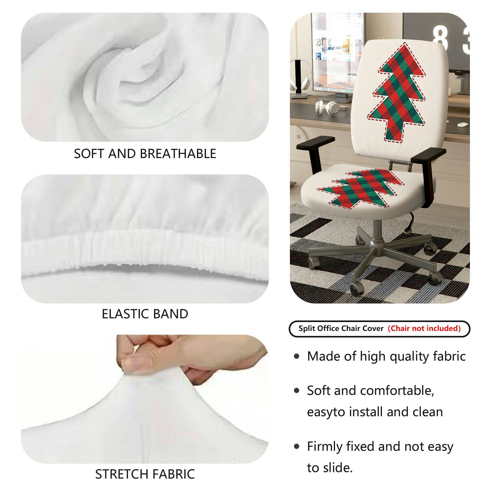 2-Piece Christmas plaid tree pattern holiday decoration  Computer Chair Cover Set, Seat and Backrest