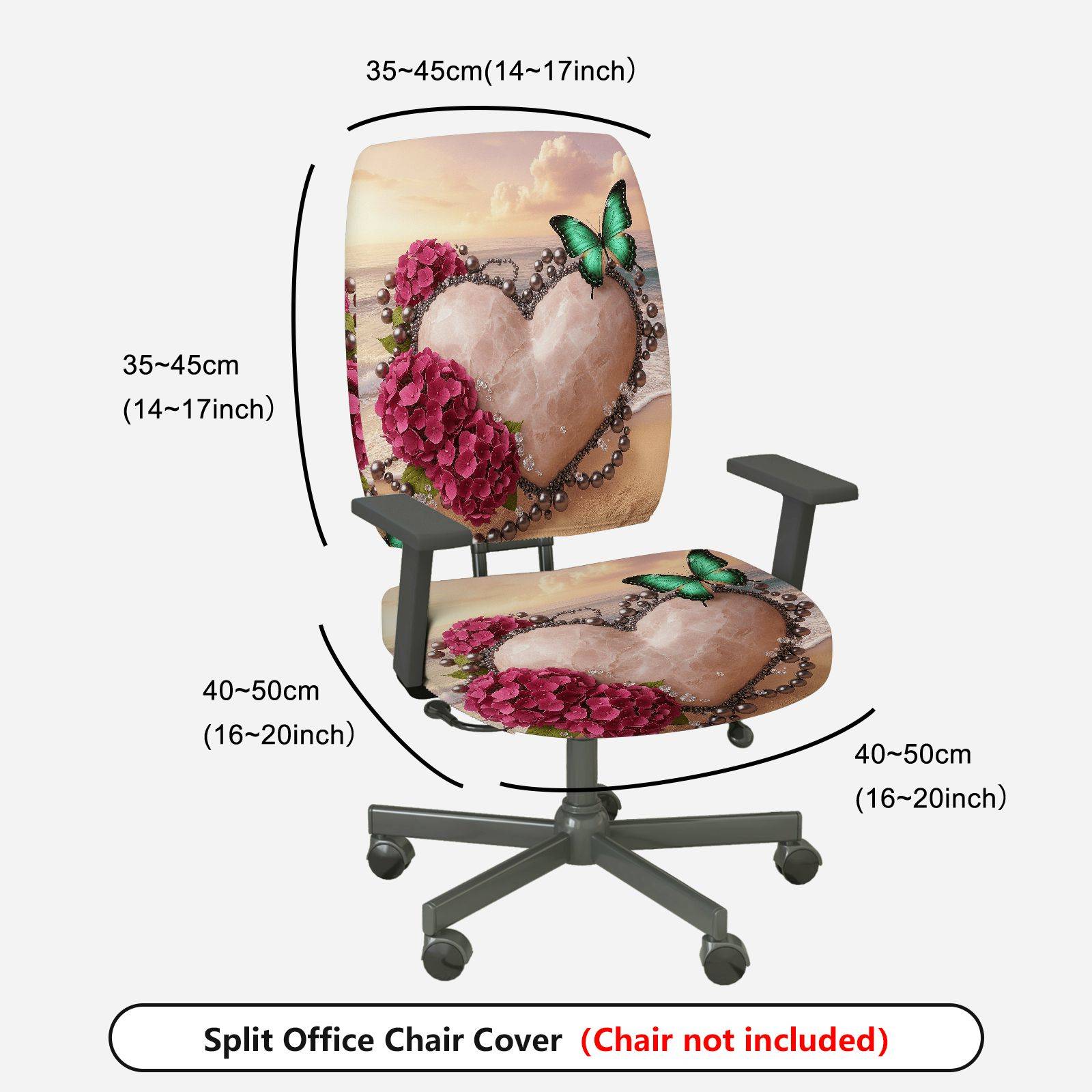 2-Piece Romantic Heart Flower Butterfly Pearl  Computer Chair Cover Set, Seat and Backrest