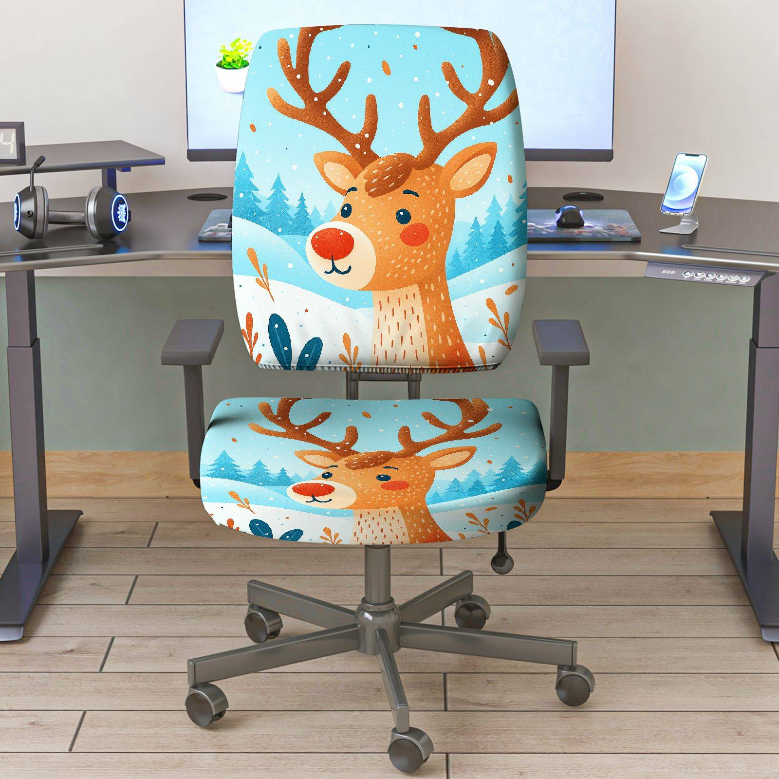 2-Piece Christmas Deer Snow Forest Winter  Computer Chair Cover Set, Seat and Backrest