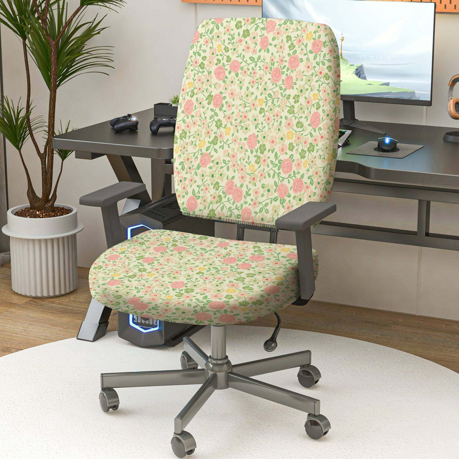 2-Piece Floral Pattern Rose Print Garden Style Flower  Computer Chair Cover Set, Seat and Backrest
