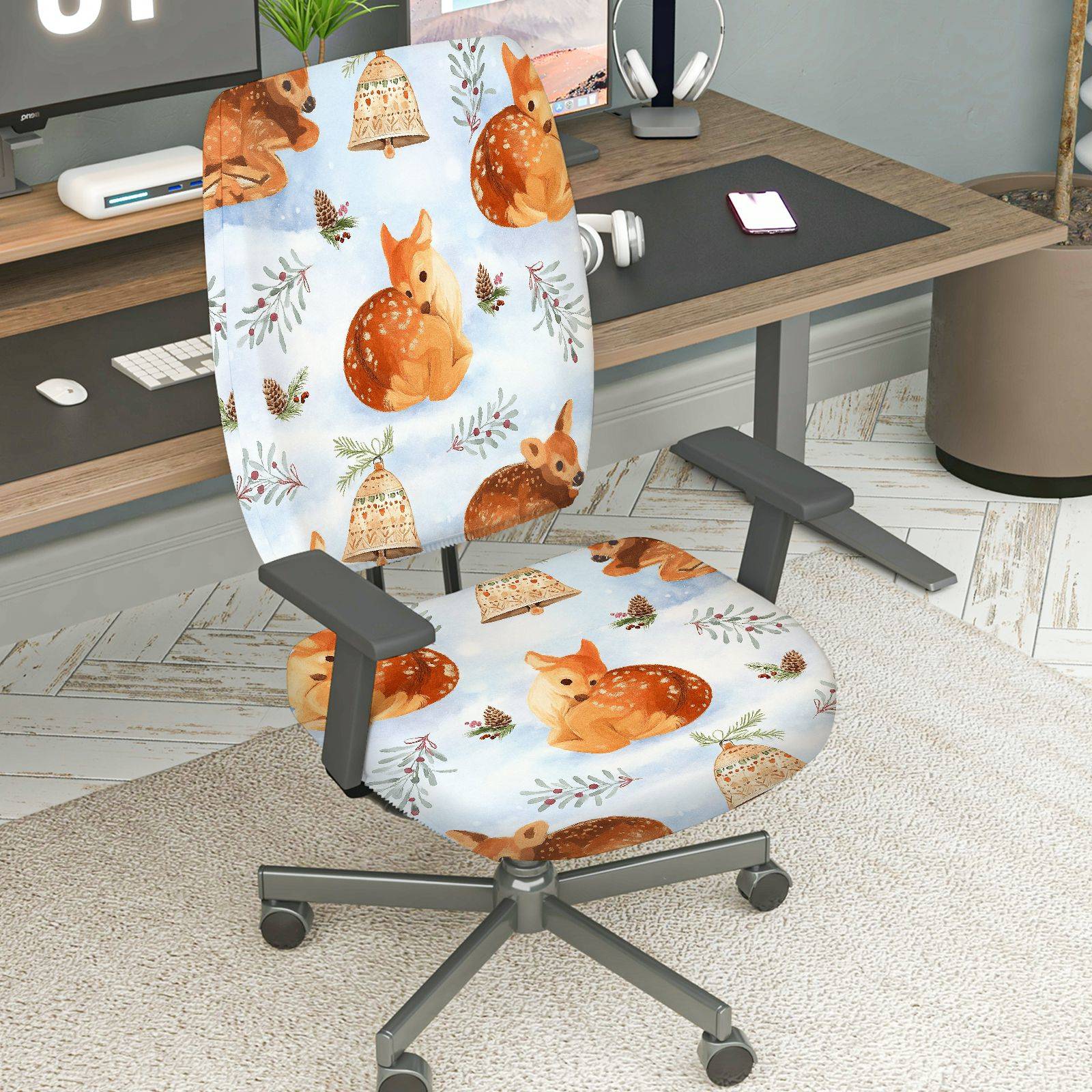 2-Piece Cute Christmas Deer Bell Pine Leaves  Computer Chair Cover Set, Seat and Backrest