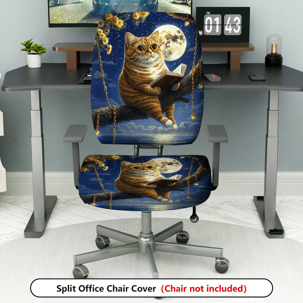 2-Piece Cat Reading Moon Night Starry Swing  Computer Chair Cover Set, Seat and Backrest