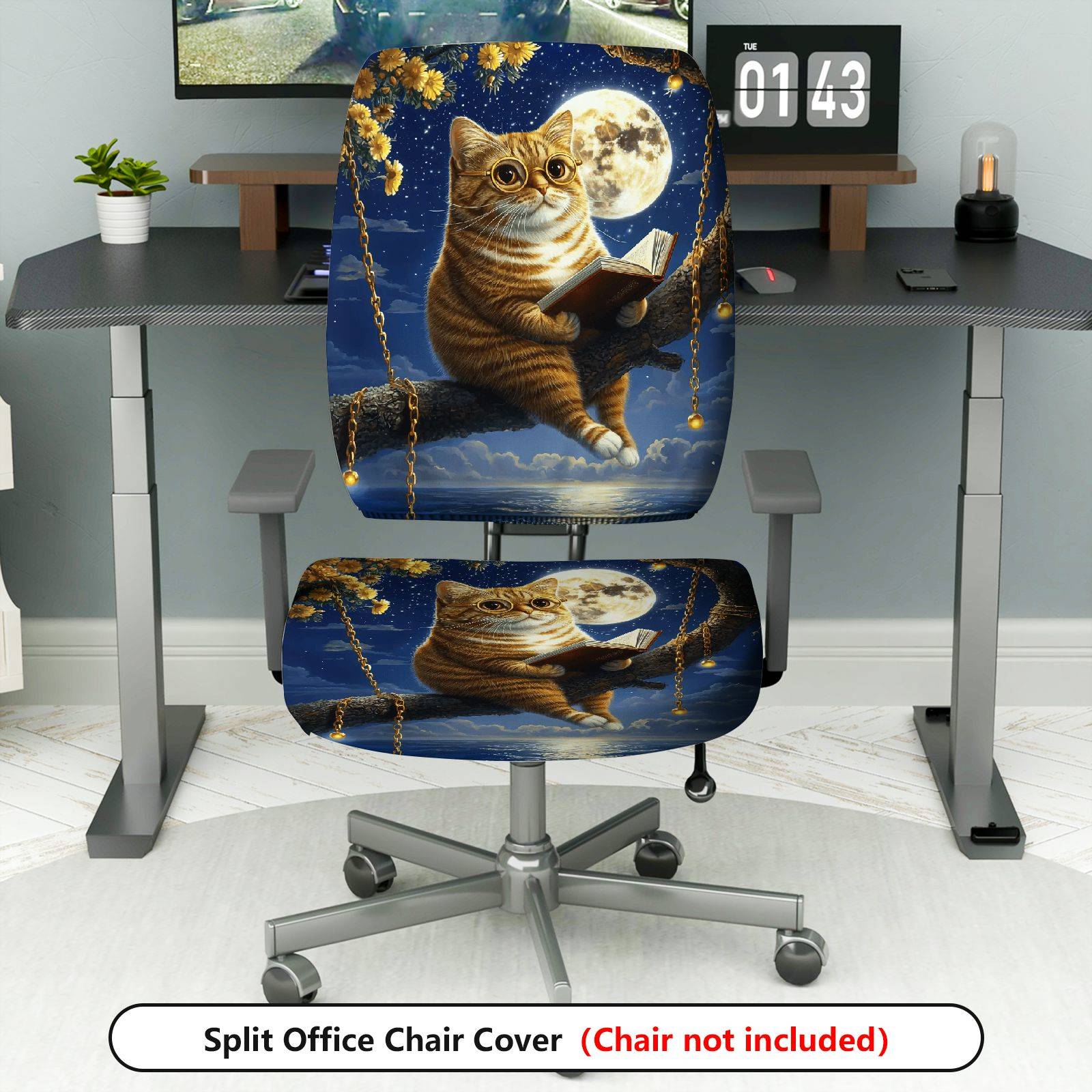 2-Piece Cat Reading Moon Night Starry Swing  Computer Chair Cover Set, Seat and Backrest
