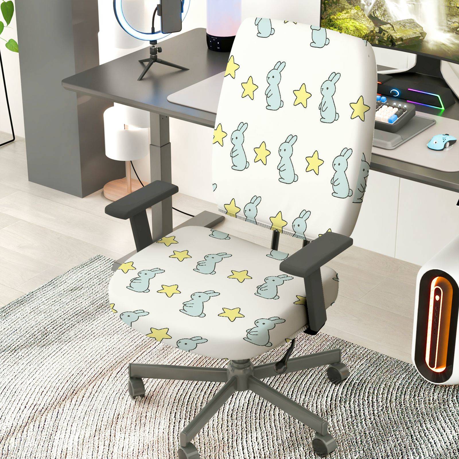 2-Piece Cute Rabbit Star Pattern Home Decor Furniture  Computer Chair Cover Set, Seat and Backrest