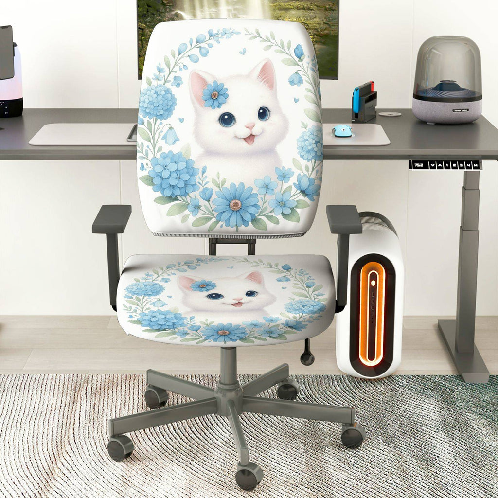 2-Piece Cute Floral Cat Pattern Printed  Computer Chair Cover Set, Seat and Backrest