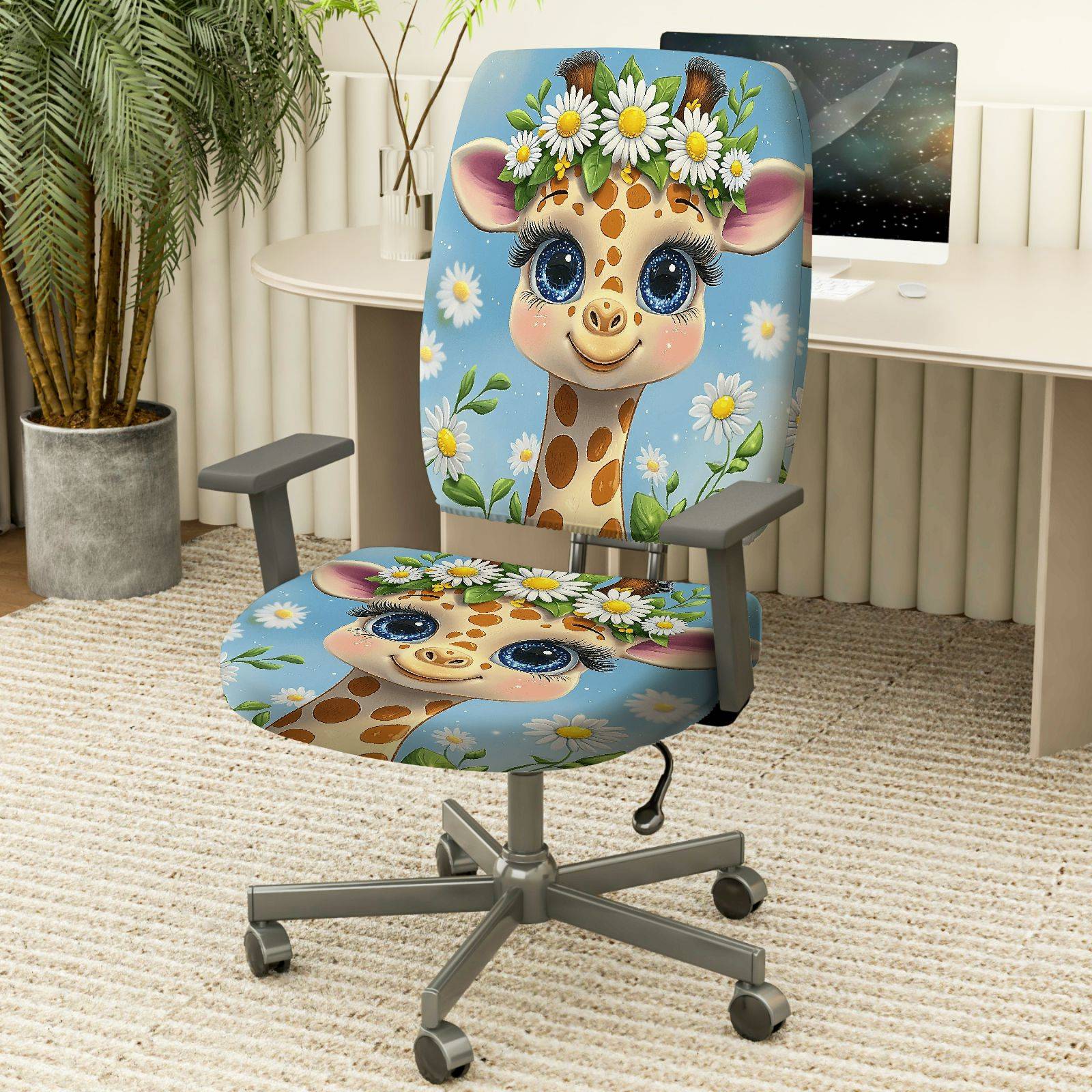 2-Piece Giraffe Flower Cute Bright Adorable  Computer Chair Cover Set, Seat and Backrest