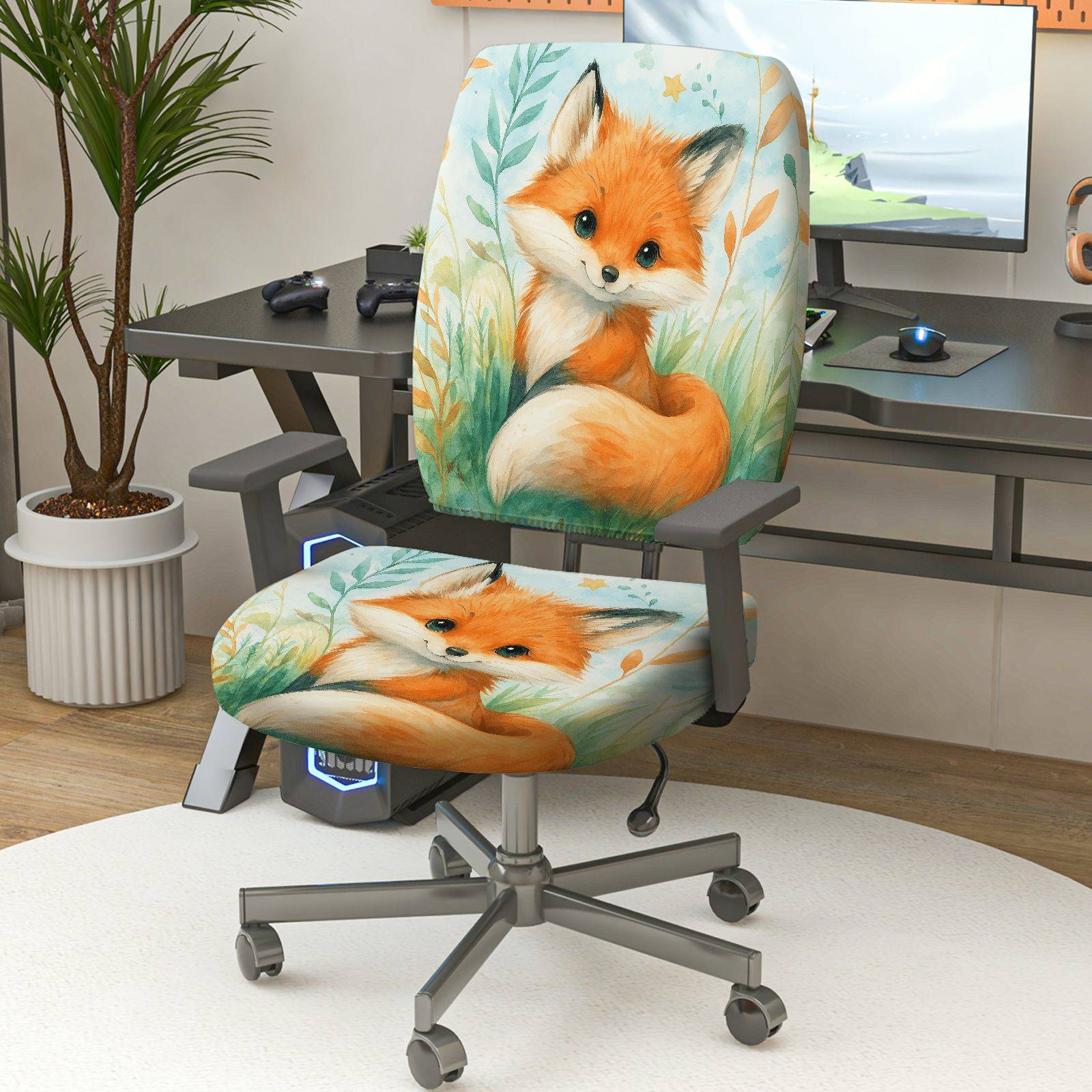 2-Piece Cute Animal Fox Forest Nature  Computer Chair Cover Set, Seat and Backrest
