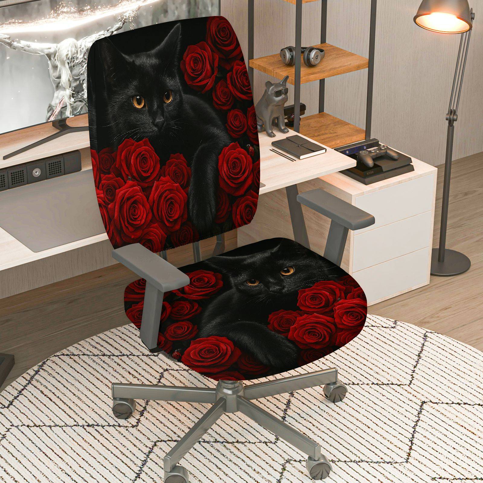 2-Piece Black Cat Rose Floral Gothic Halloween Valentine  Computer Chair Cover Set, Seat and Backrest