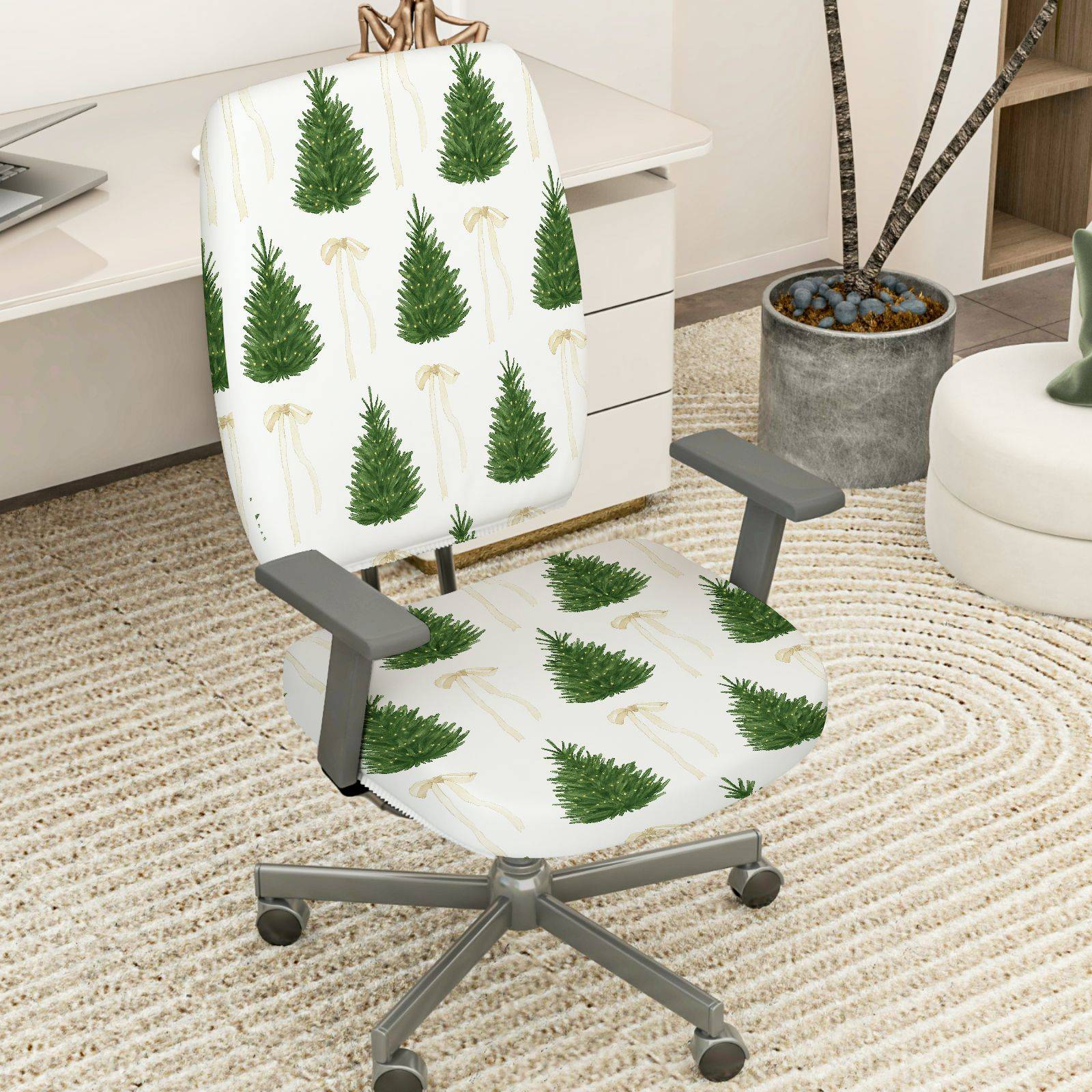 2-Piece Christmas Tree Bow Festive Holiday Decoration  Computer Chair Cover Set, Seat and Backrest