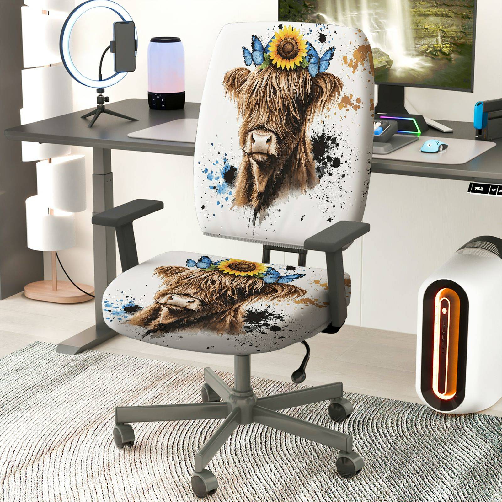2-Piece Sunflower Butterfly Highland Cow Art  Computer Chair Cover Set, Seat and Backrest