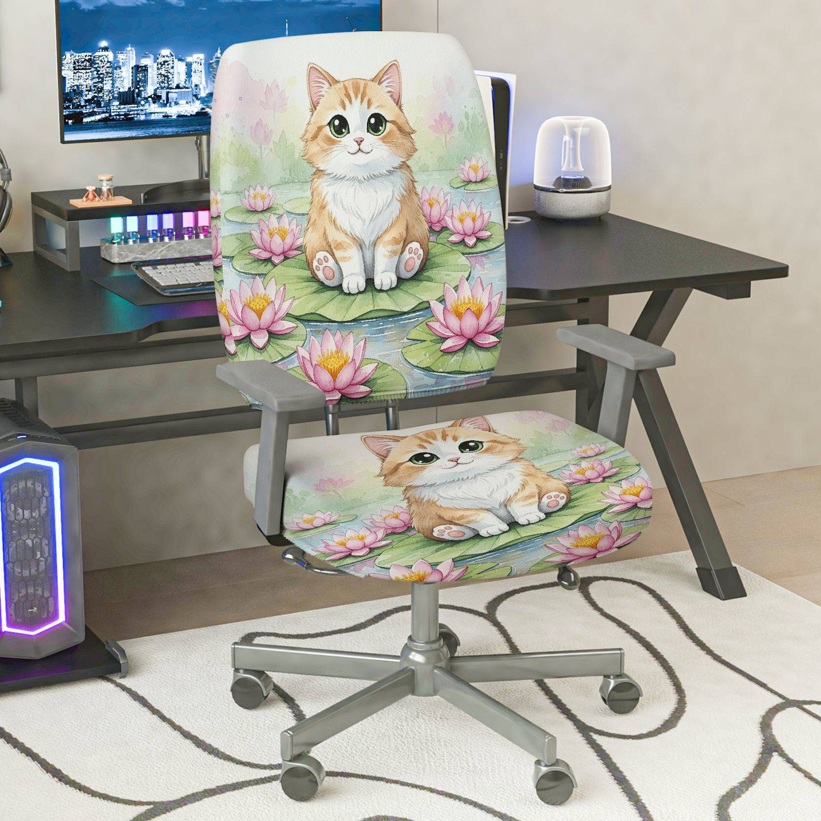 2-Piece Cute Cat Floral Lily Pond  Computer Chair Cover Set, Seat and Backrest