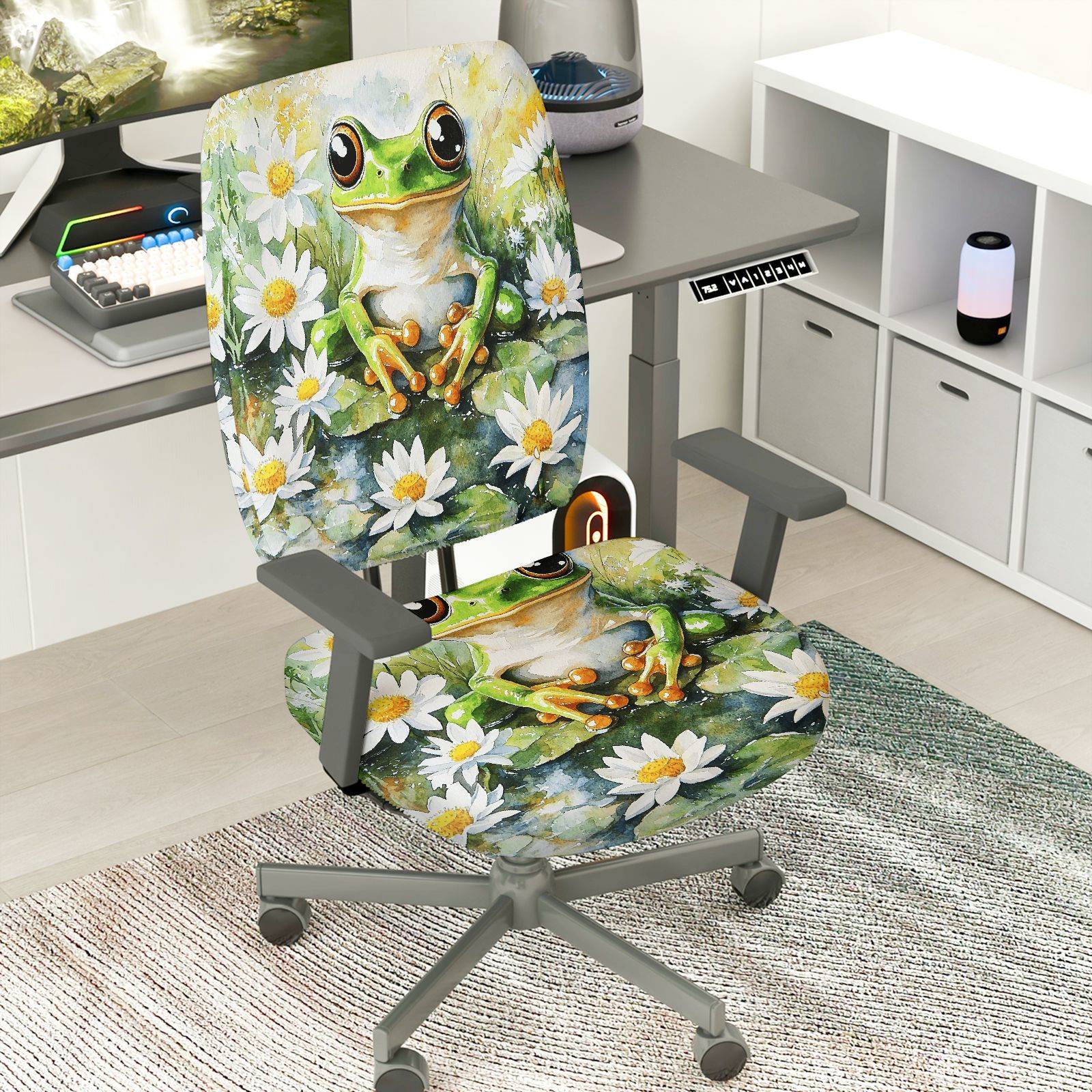 2-Piece Cute Frog Flower Nature Art Green  Computer Chair Cover Set, Seat and Backrest
