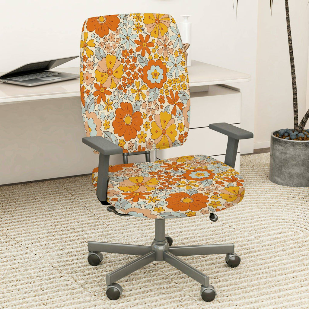 2-Piece Floral Pattern Orange Bloom Flower Bohemian Style Spring  Computer Chair Cover Set, Seat and Backrest