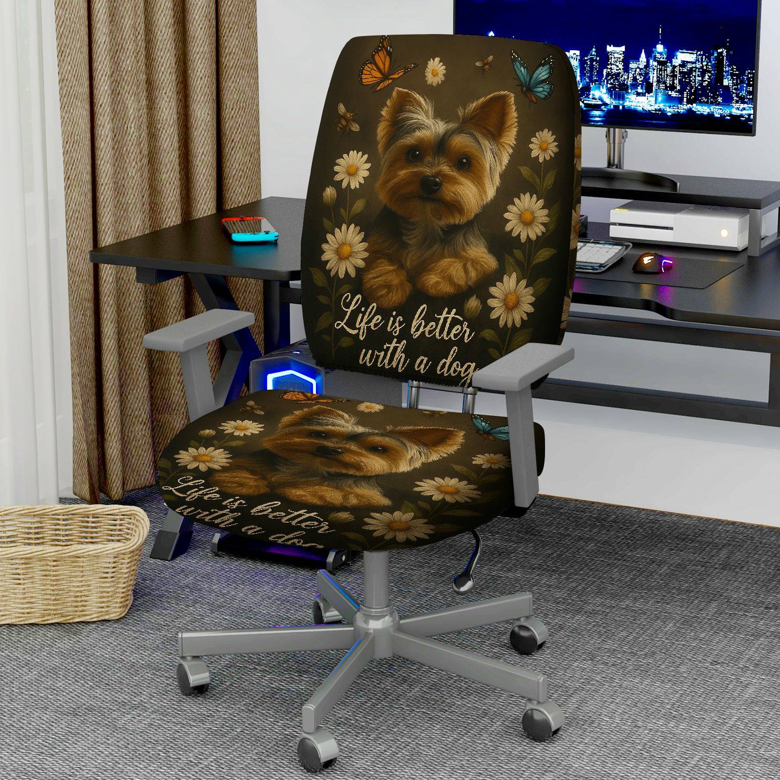 2-Piece Dog Floral Butterfly Phrase  Computer Chair Cover Set, Seat and Backrest