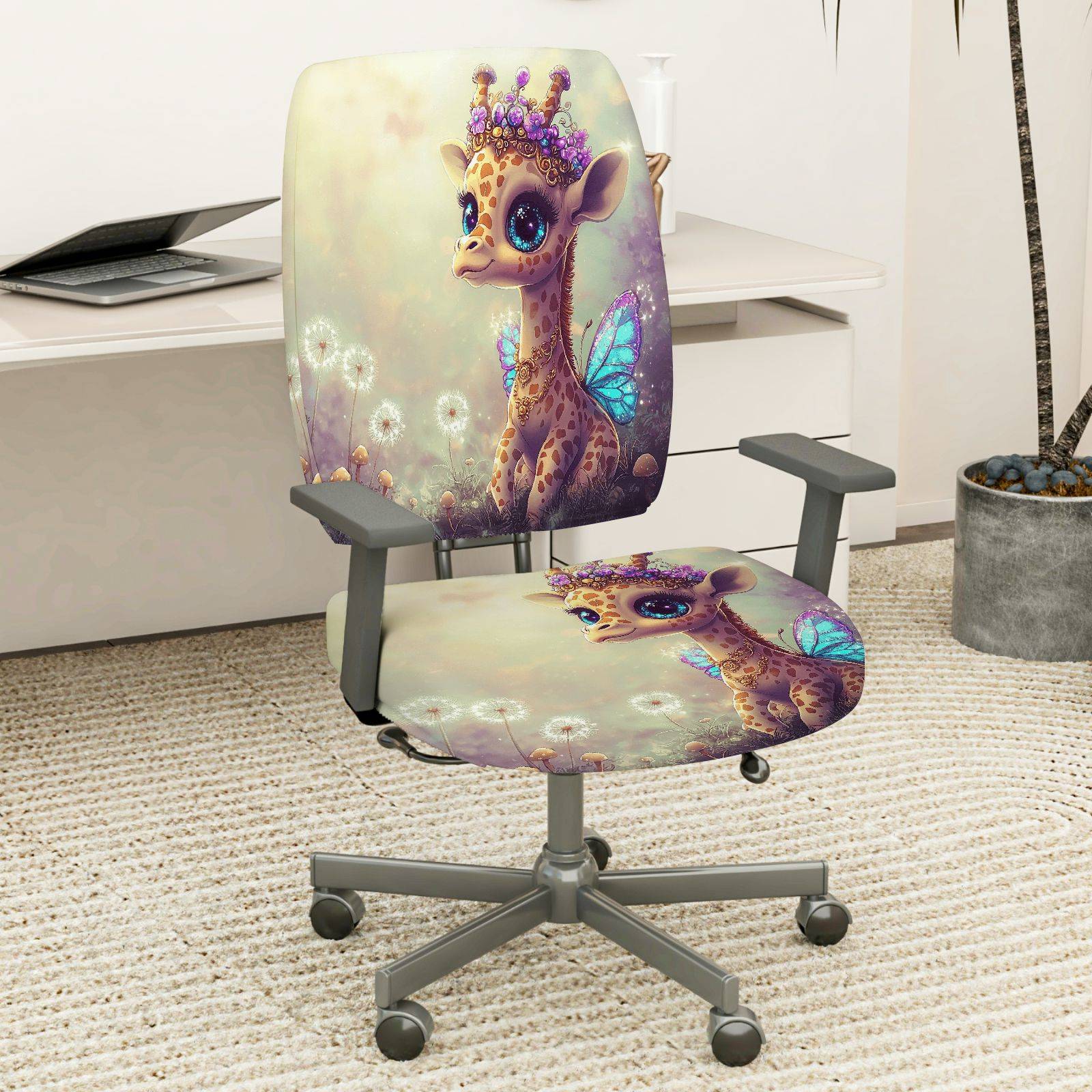 2-Piece Adorable Giraffe Fairy Crown Dandelion Purple  Computer Chair Cover Set, Seat and Backrest